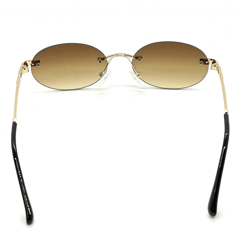 Oval Sunglasses Gold Frame Brown Lens‎ Rimless Vintage Style Men Trendy Hip Hop